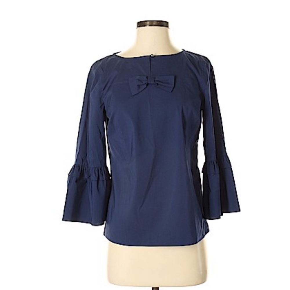 NWT Talbots Navy 3/4 Length Shirt with Ruffles and a bow. Keyhole front. Size XS